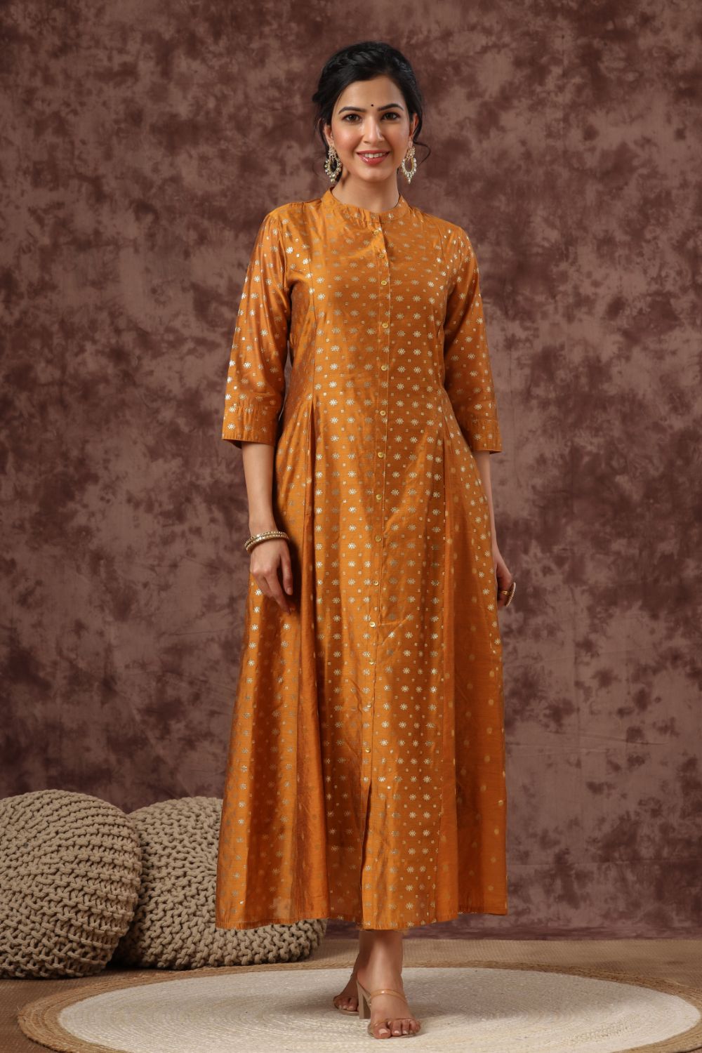 Juniper Womens Mustard Chanderi Foil Print Kurta - Distacart