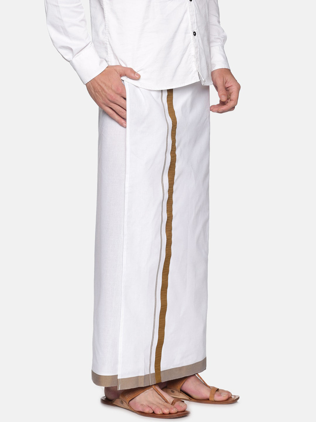 Sethukrishna Men White & Brown Solid Cotton Dhoti - Distacart