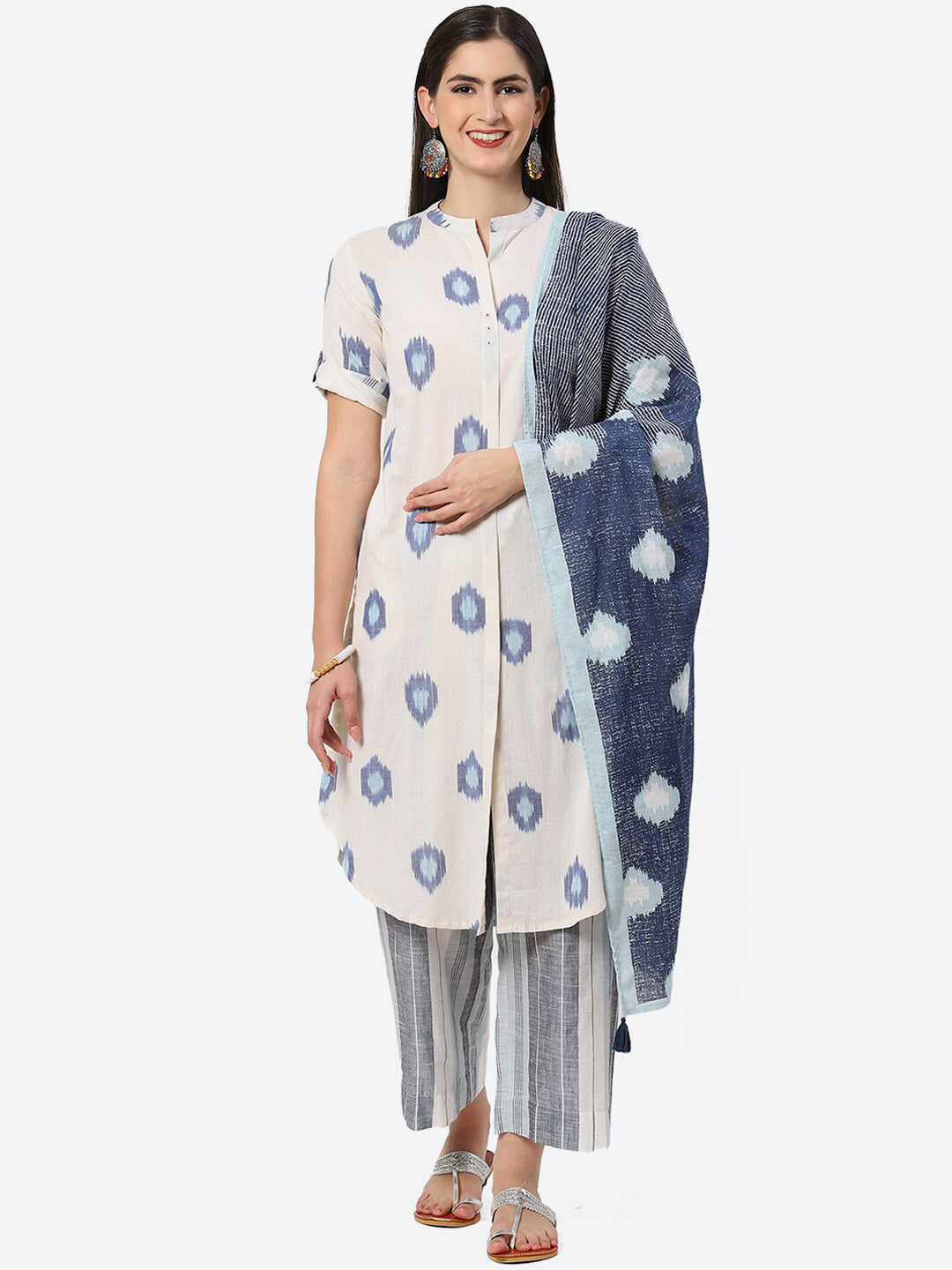 Biba Abstract Printed Roll-Up Sleeves Mandarin Collar Kurta with Palazzos & Dupatta - Distacart