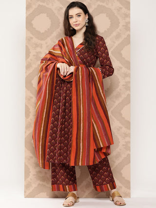 Kalini Floral Printed Angrakha Sequinned Pure Cotton Kurta with Palazzos & Dupatta - Distacart