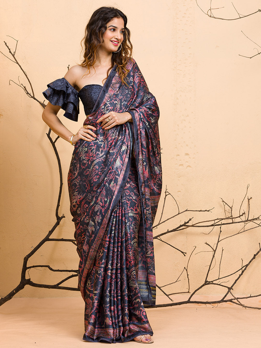 Koskii Floral Printed Beads and Stones Saree - Distacart