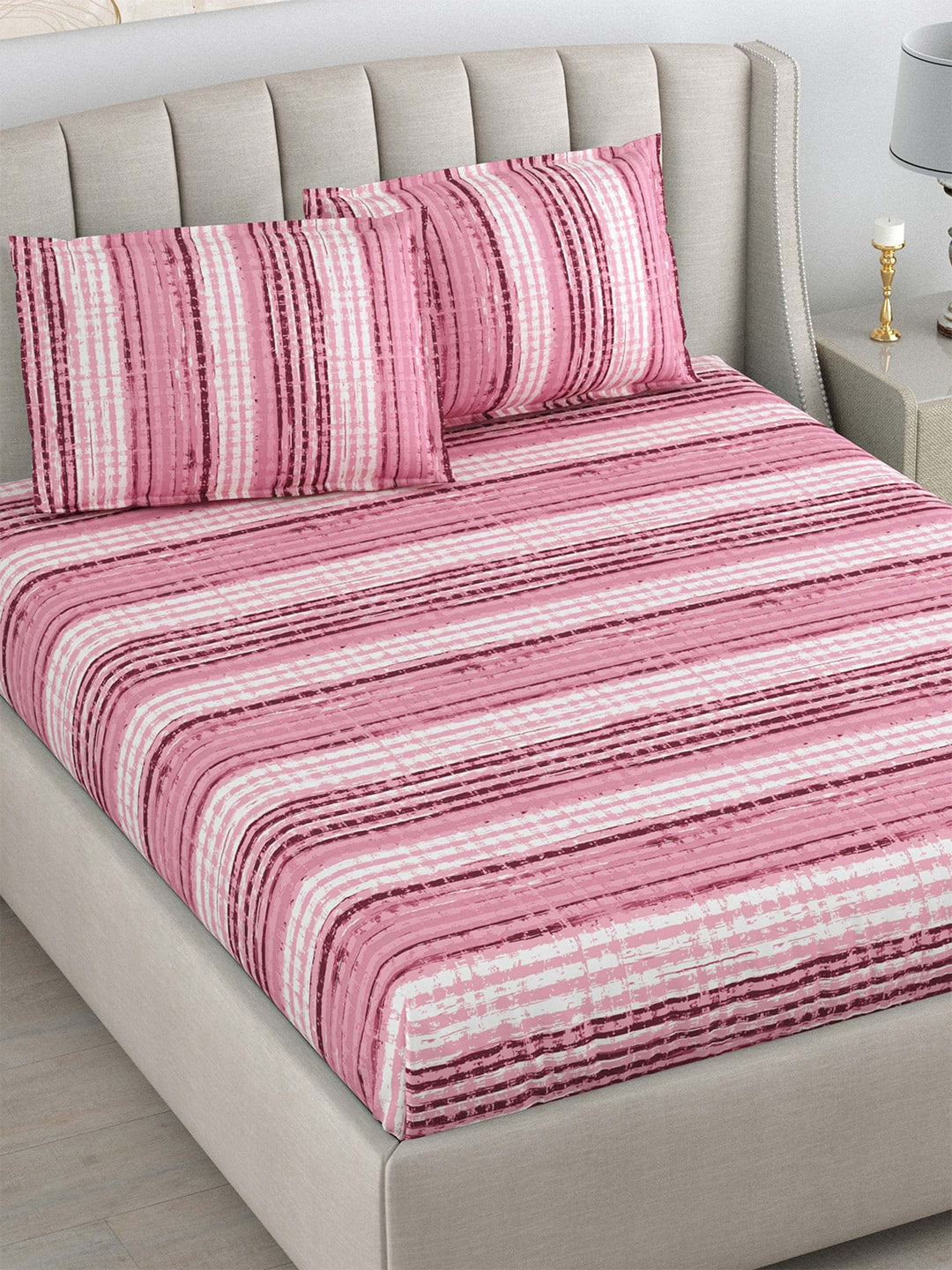 DREAM WEAVERZ Pink Striped Pure Cotton 220 TC King Bedsheet With 2 Pillow Covers - Distacart