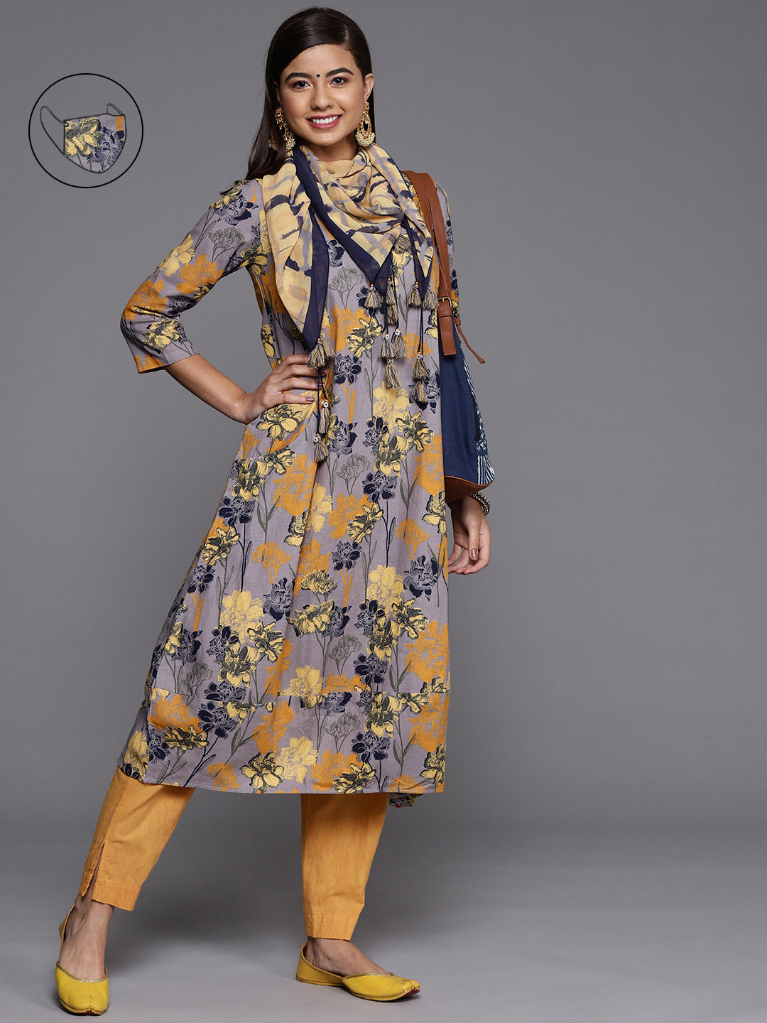 Biba Women Lavender & Mustard Yellow Floral Printed Floral Kurta - Distacart