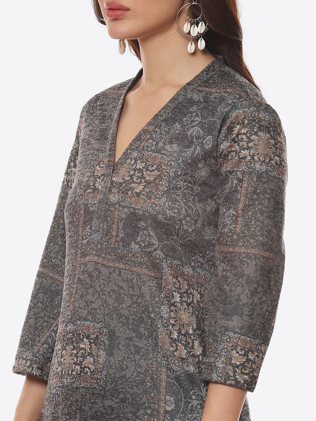 Biba Women Grey Floral Printed Straight Fit Kurta - Distacart