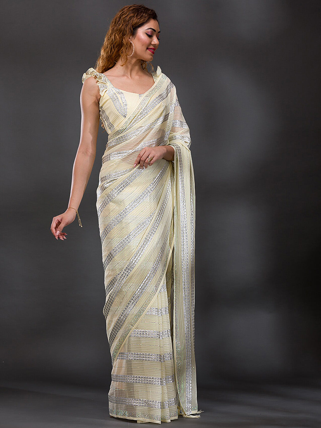 Koskii Striped Beads & Stones Shimmer Saree - Distacart