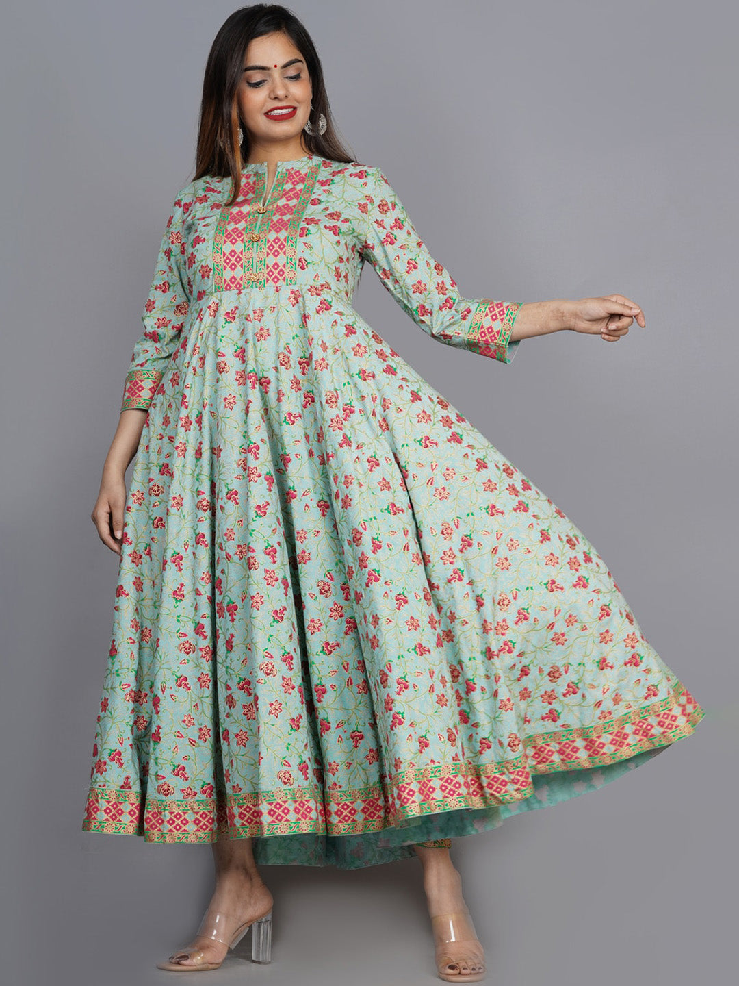 Kalini Women Sea Green & Pink Floral Printed Anarkali Kurta - Distacart