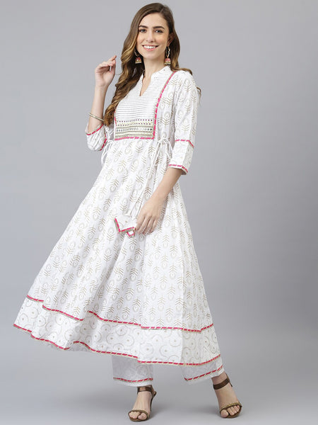 Khushal K Women White Printed Empire Design Anarkali Kurta - Distacart