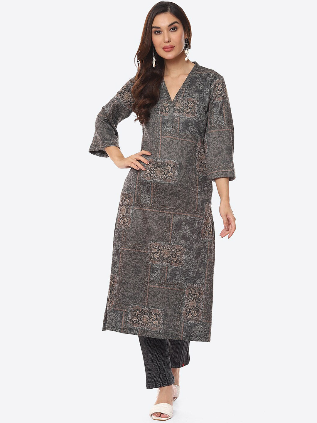 Biba Women Grey Floral Printed Straight Fit Kurta - Distacart
