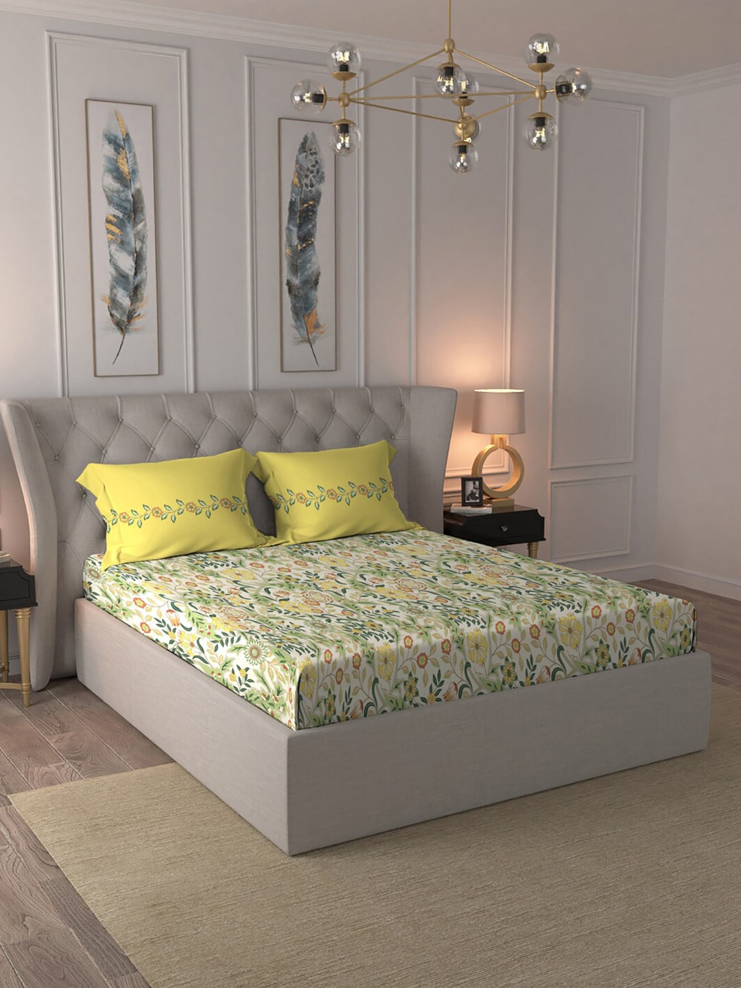 MYTRIDENT Beige White Floral Pure Cotton 144 TC Queen Bedsheet With 2 Pillow Covers - Distacart