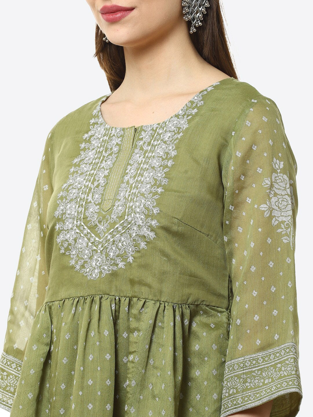 Biba Women Green Ethnic Motifs Printed Flared Sleeves Thread Work Anarkali Kurta - Distacart