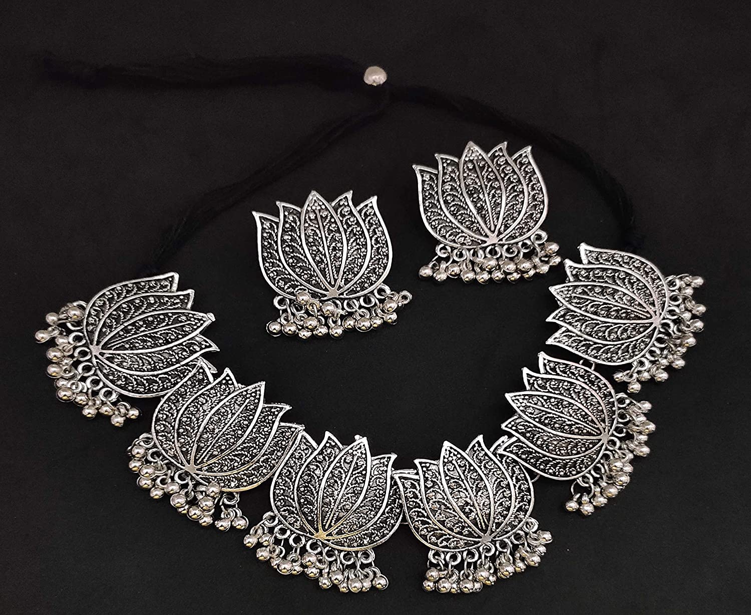 Silver-Plated Alloy Oxidised Lotus Petals Necklace - The Pari - Distacart