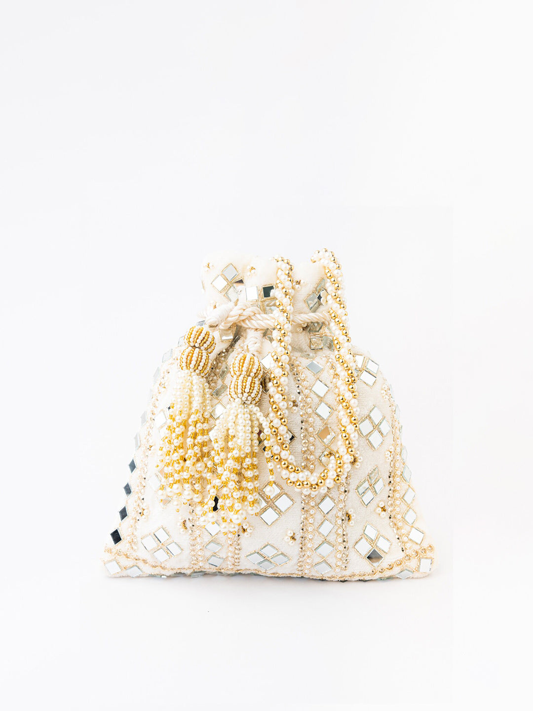 NR By Nidhi Rathi White Mirror Work Embroidered Potli Clutch - Distacart