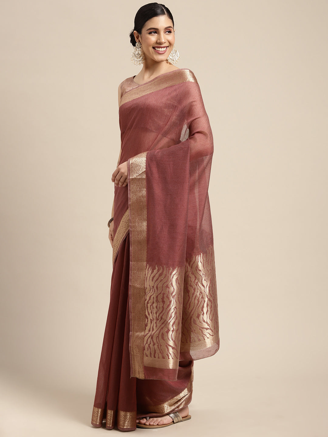 Saree Mall Mauve & Gold Solid Linen Blend Taant Saree - Distacart