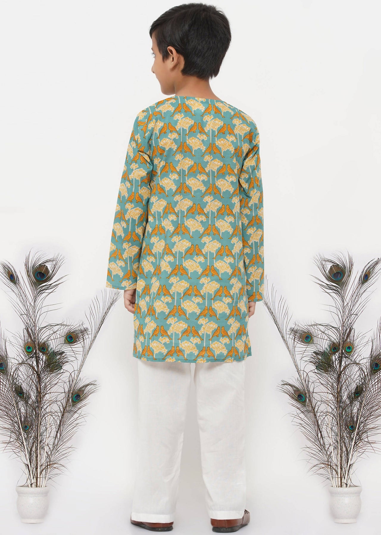 Little Bansi Cotton Bird Print Kurta with Pearl Buttons & Pyjama -Blue & Cream - Distacart