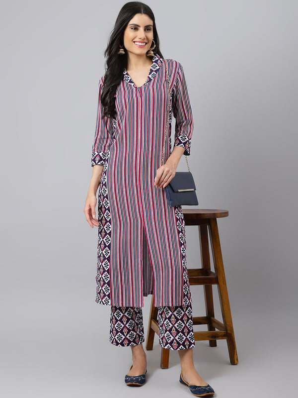 Khushal K Striped Shawl Collar Straight Kurta with Palazzos - Distacart