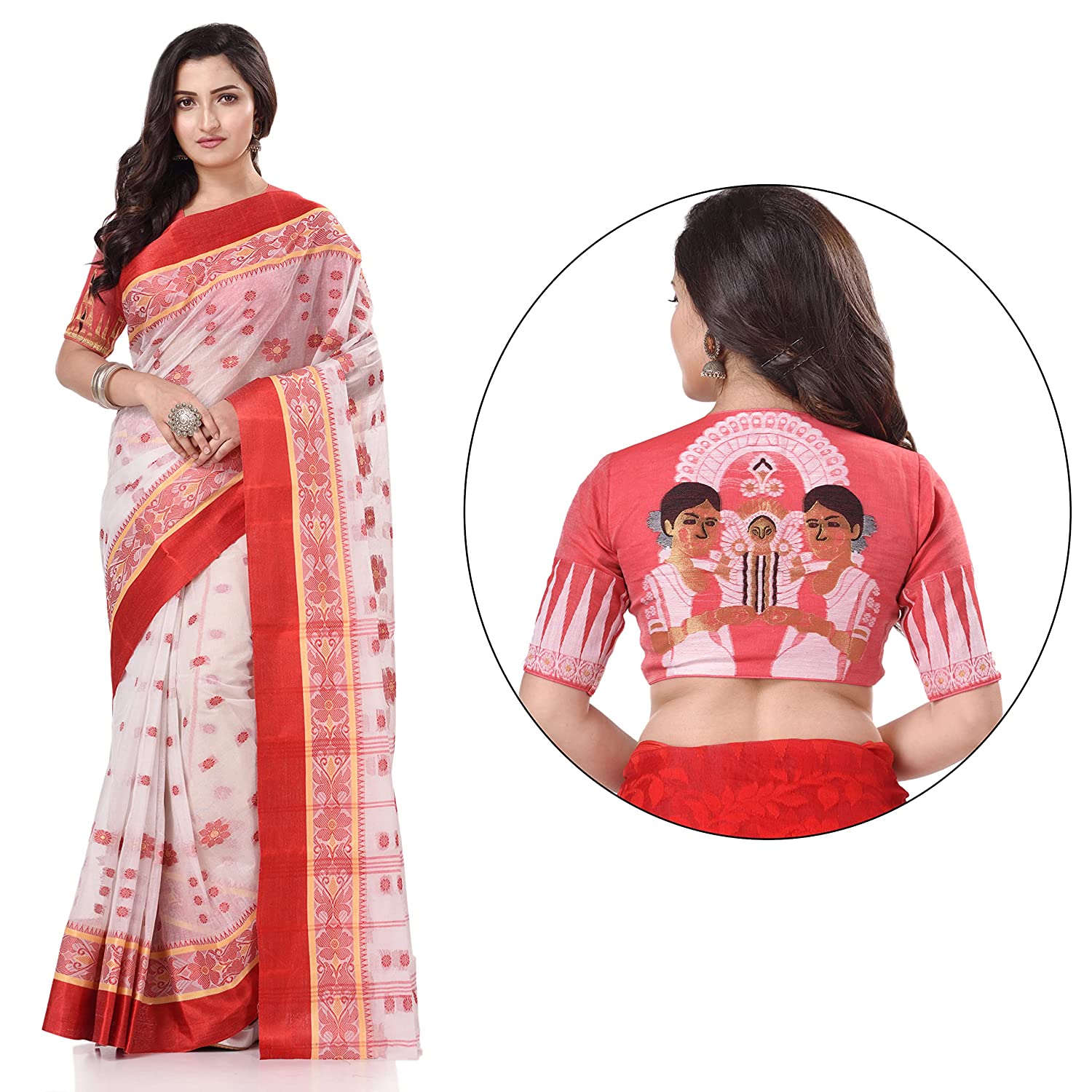 Desh Bidesh Women's Traditional Bengal Phulkoli Woven Design Pure Handloom Cotton Saree Without Blouse Piece - Distacart