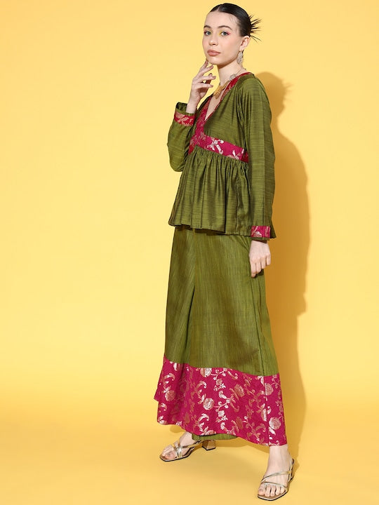 InWeave Women's Olive Pink Brocade Mughal Shaan Kurta Palazzo Set - Distacart