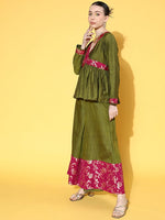 Thumbnail for InWeave Women's Olive Pink Brocade Mughal Shaan Kurta Palazzo Set - Distacart