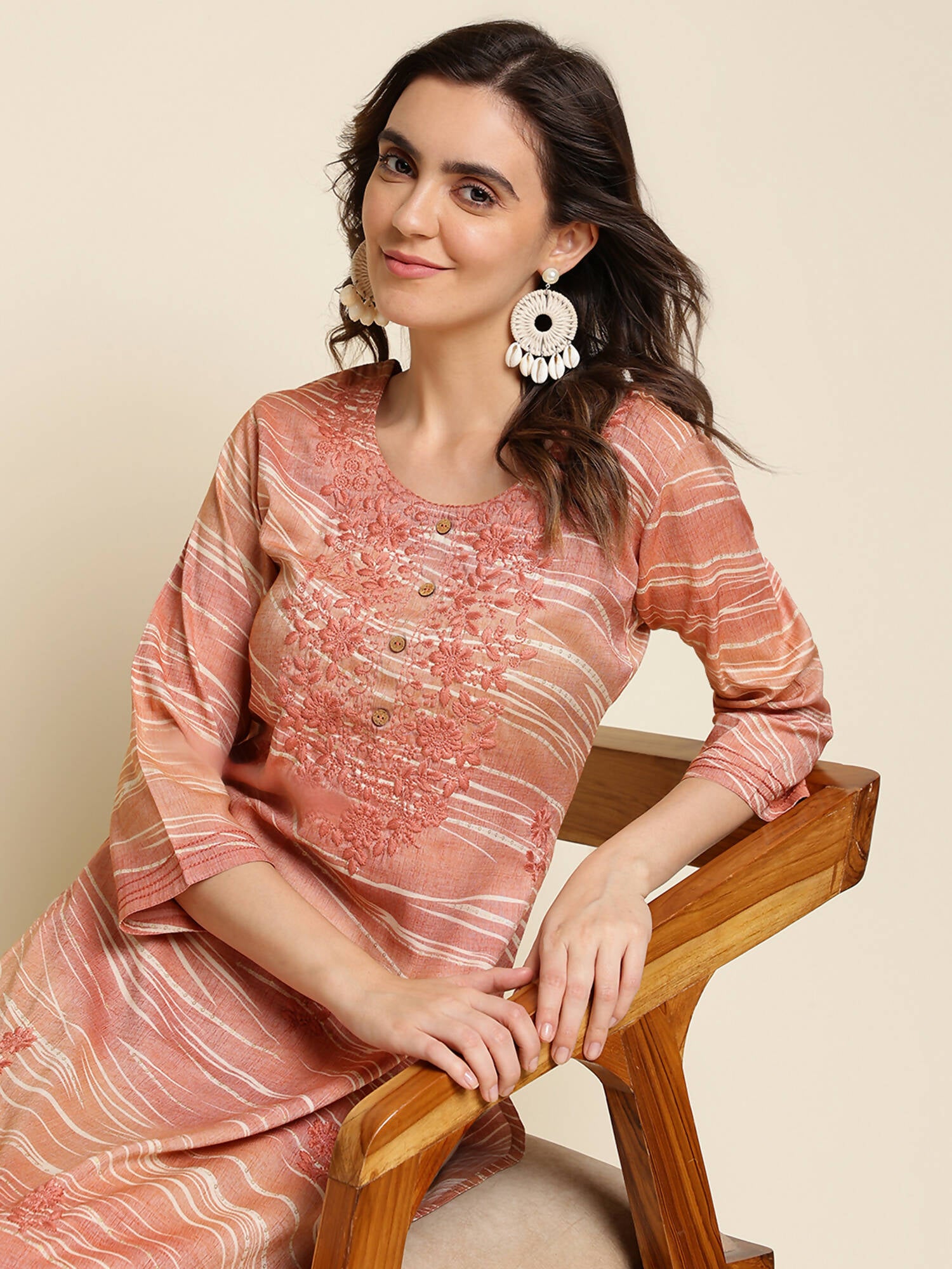 Peach Poly Rayon Stripe Printed Straight Fit Kurta - Prasuti - Distacart