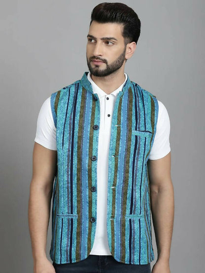 Even Apparels Nehru Jacket With Welt Pockets - Blue - Distacart