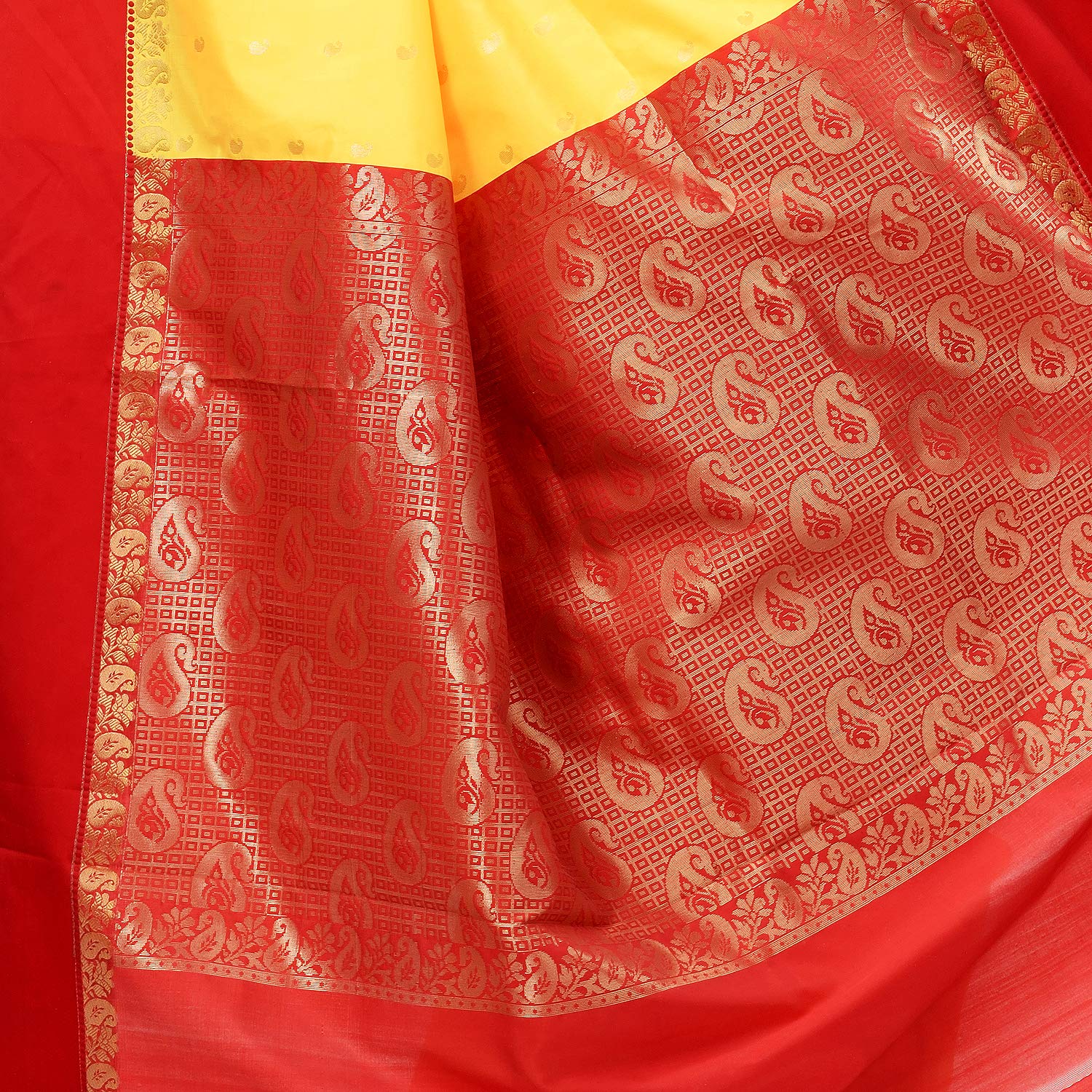 Desh Bidesh Women S Bengal Premium Fine Smooth Original Garad Silk Tant Saree Handmade Exclusive Flower With Kalka With Whole Body Design With Blouse - Yellow And Red - Distacart