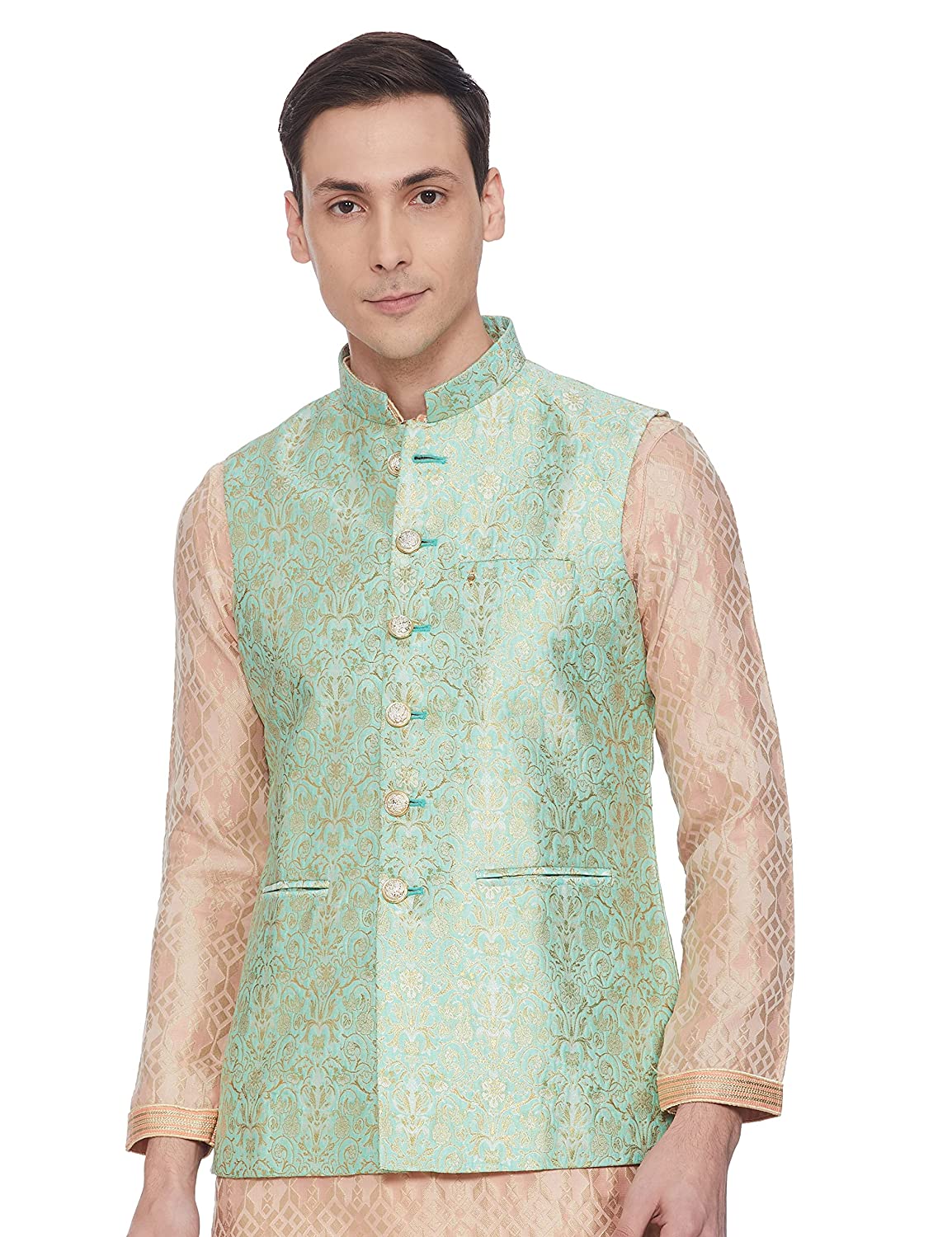 Manyavar Green Self Textured Shiny Pattern Nehru Jacket For Men