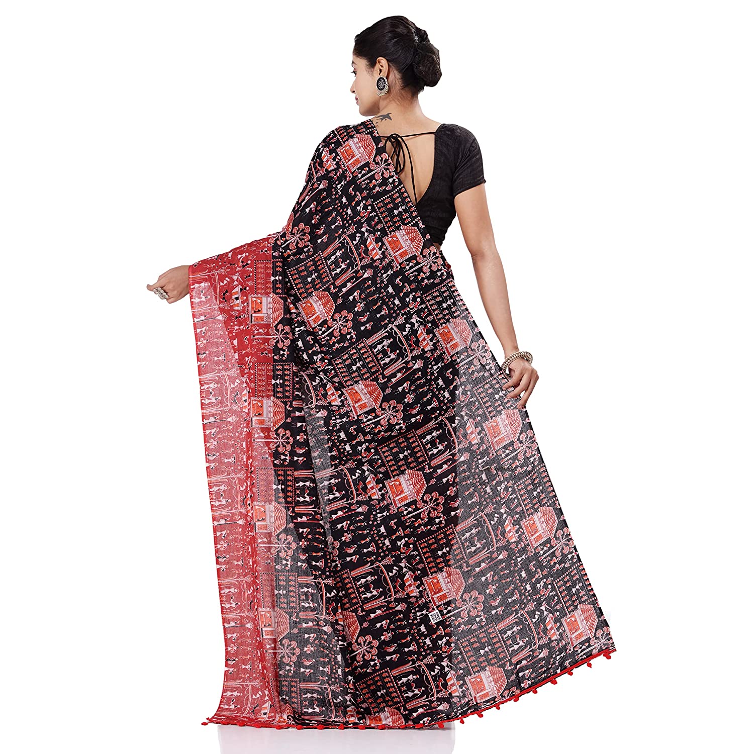 Desh Bidesh Women's Traditional Bengal Soft Kalamkari Printed Handloom Cotton Saree Border Tassels Without Blouse Piece - Distacart