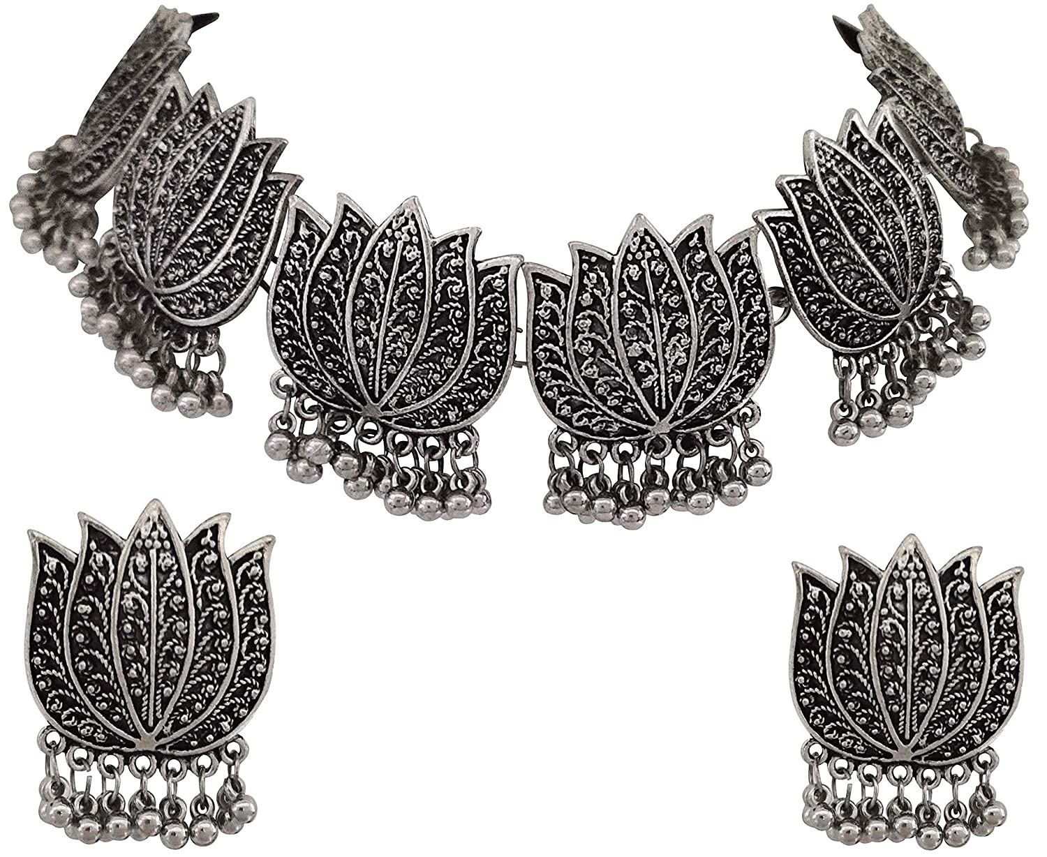 Silver-Plated Alloy Oxidised Lotus Petals Necklace - The Pari - Distacart