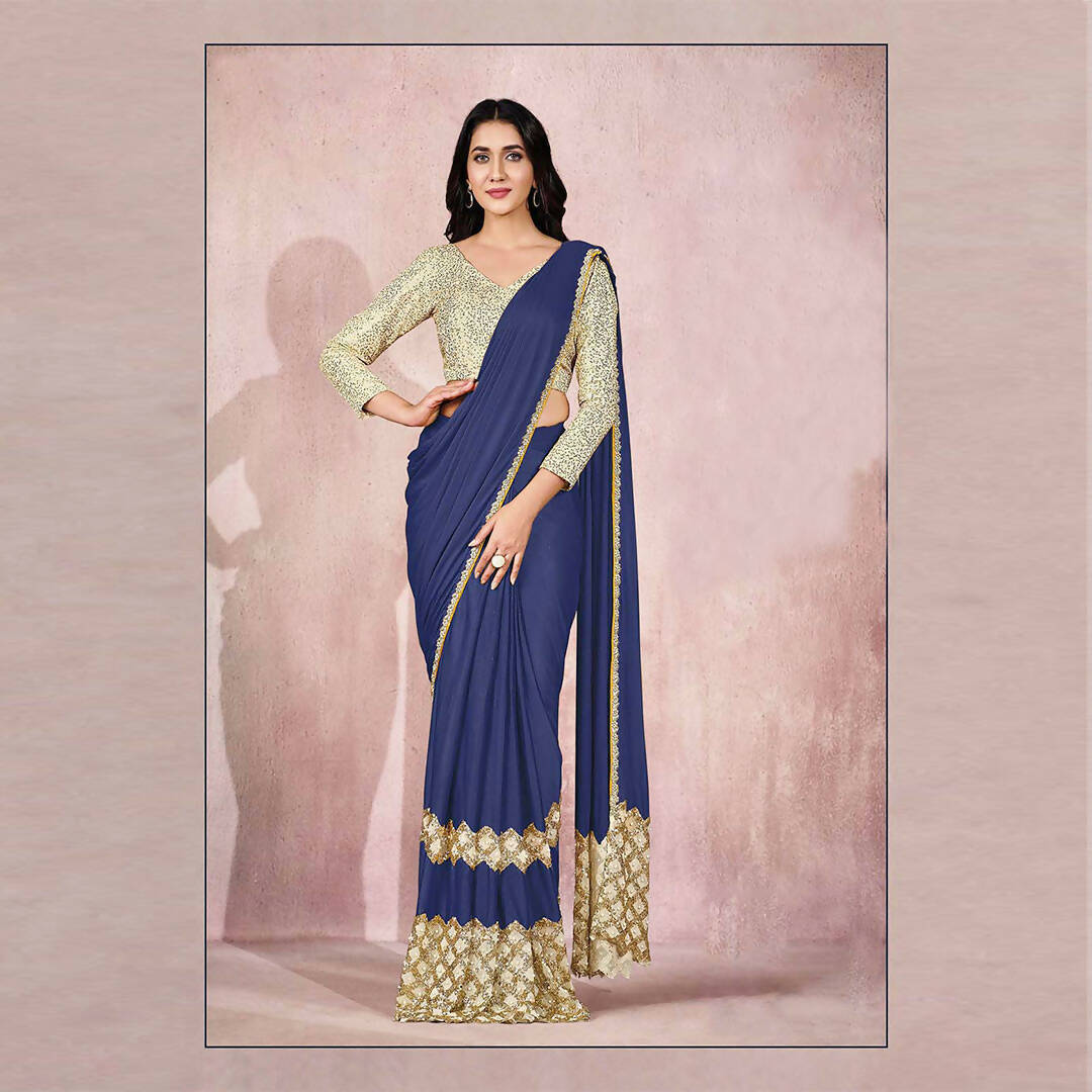 Blue Lycra Embroidery Designer Saree With Blouse - Mohmanthan Sitaarah - Distacart