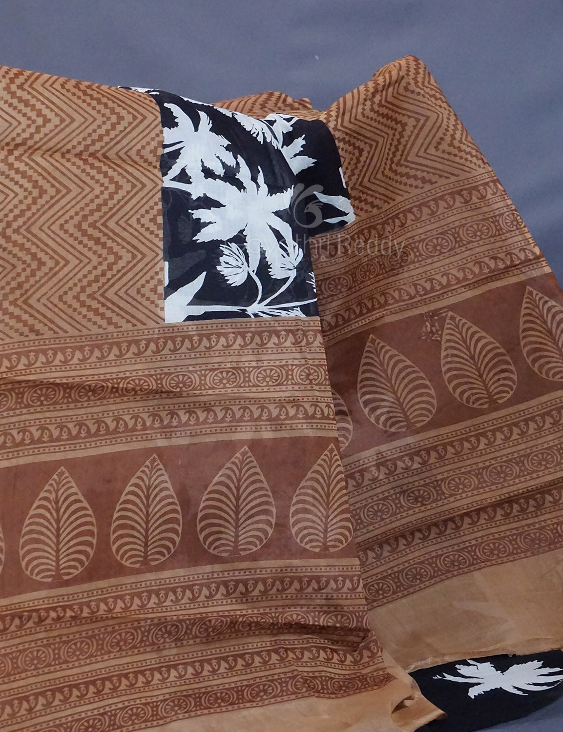 Black And Chikoo Colour Block Print Pure Mulmul Cotton Saree By Gayathri Reddy Designer Studio - Distacart