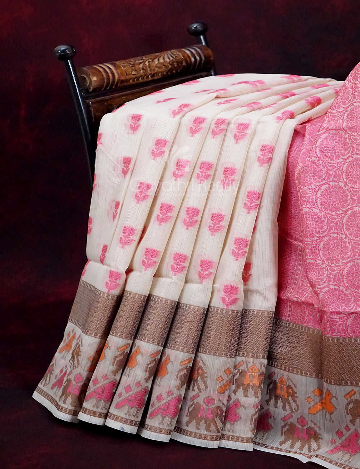Combo of Cream and Pink with Floral Buttes Banarasi Munga Kota Saree By Gayathri Reddy Designer Studio - Distacart