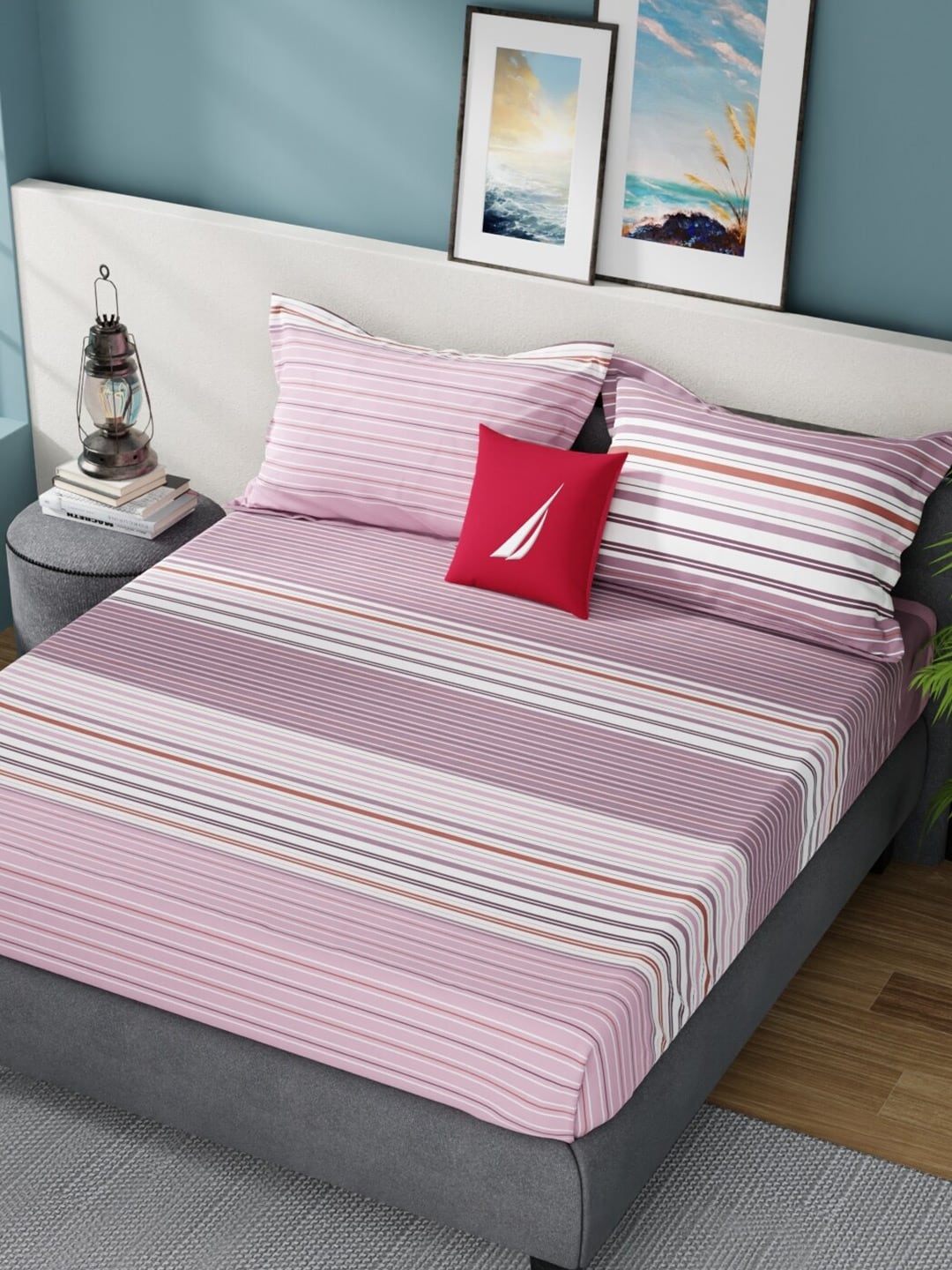 Nautica Bradford Pink & White Striped Cotton 160 TC King Bedsheet with 2 Pillow Covers - Distacart