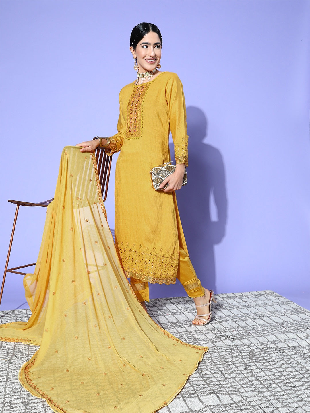 Sangria Floral Embroidered Regular Sequinned Kurta with Trousers & With Dupatta - Distacart
