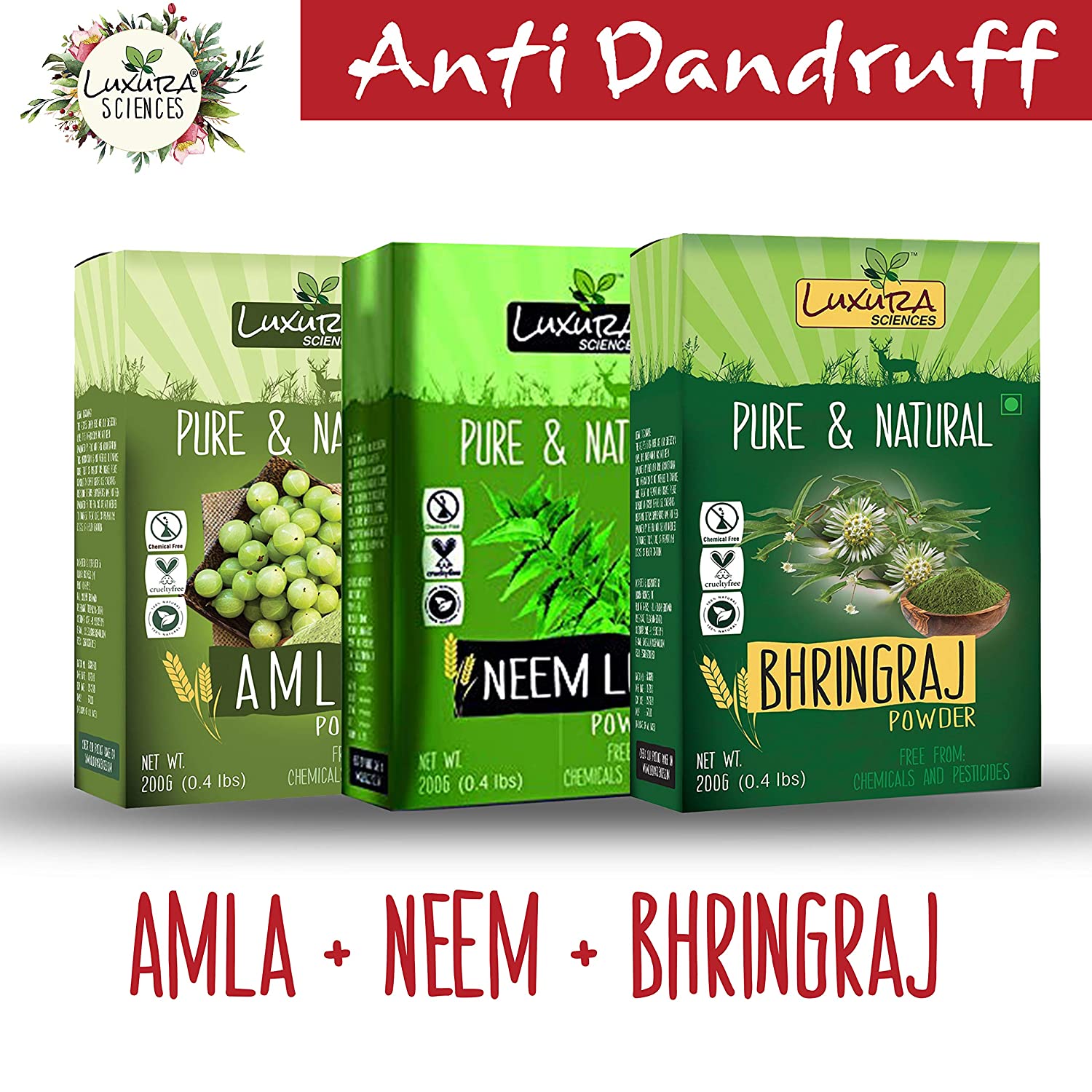 Luxura Sciences Natural Hair Care Set Anti Dandruff - Amla + Neem + Bhringraj - Distacart