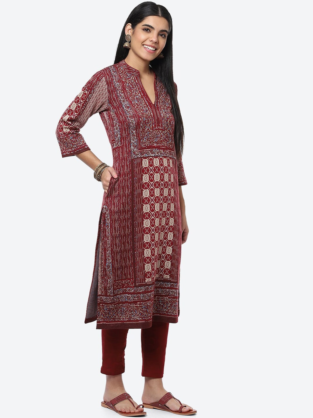 Biba Women Maroon Printed Straight Kurta - Distacart