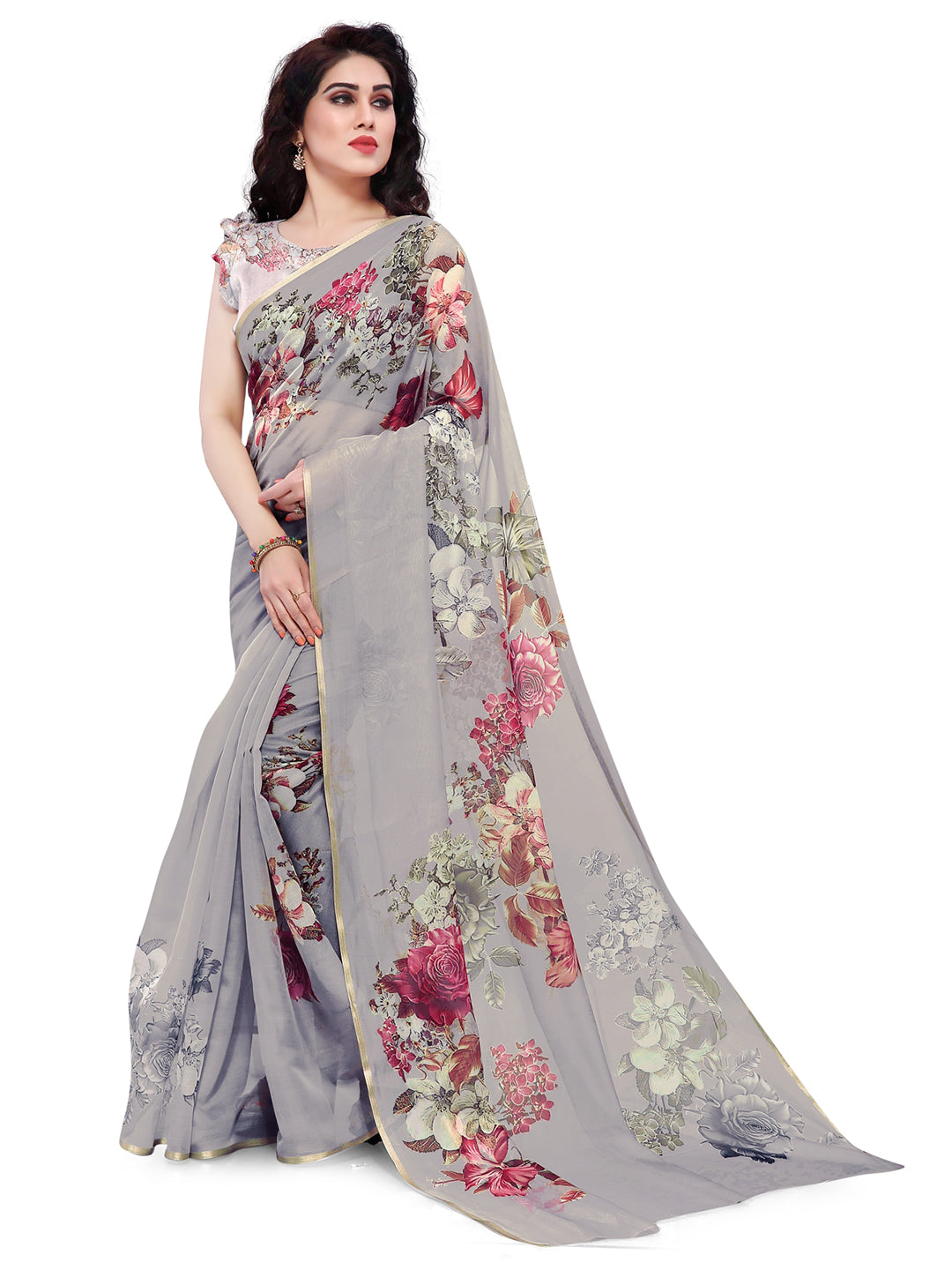 Kalini Taupe & Red Floral Printed Zari Border Organza Saree - Distacart