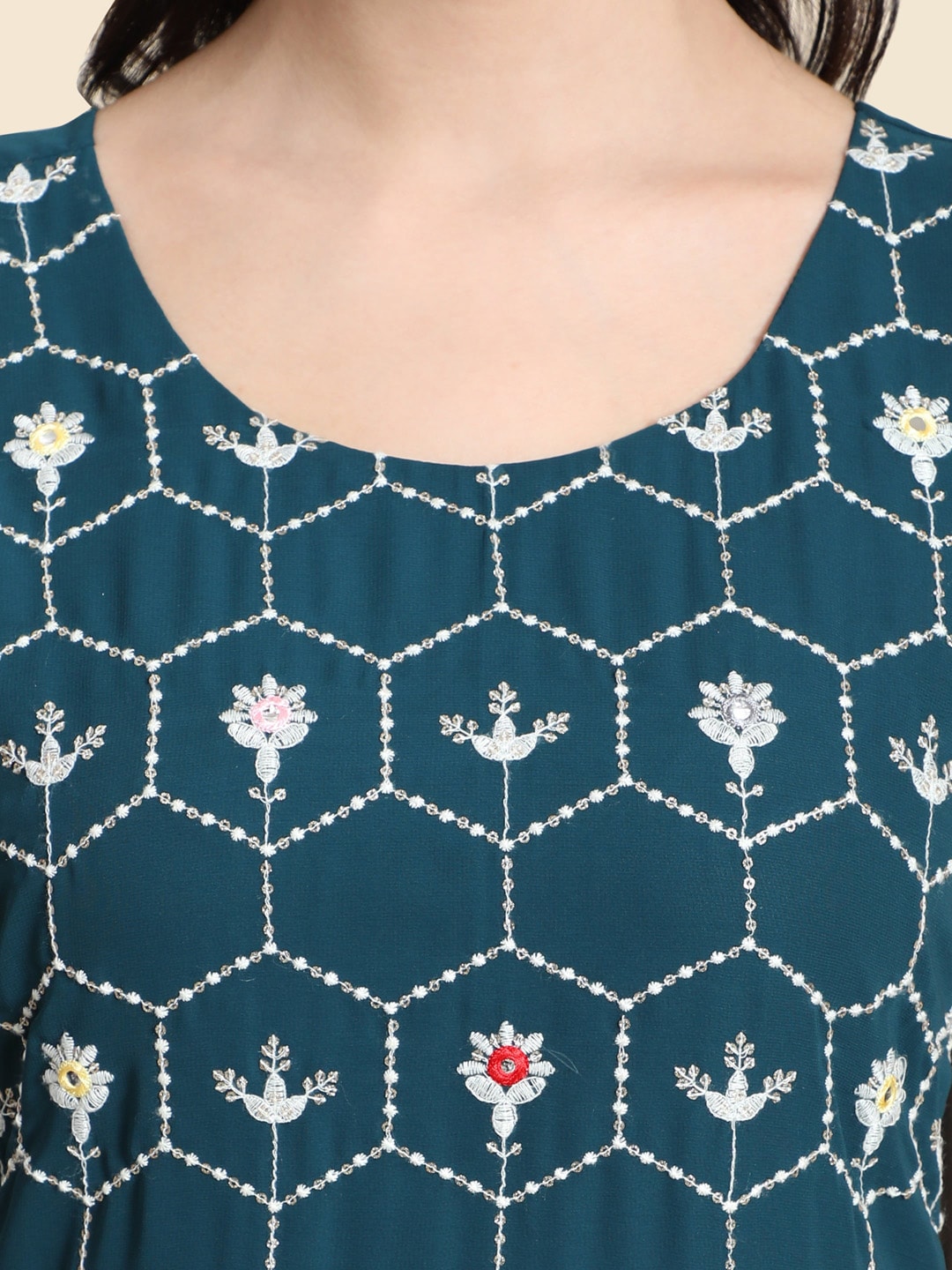 Kalini Women Teal Floral Embroidered Kurta with Sharara & Dupatta - Distacart