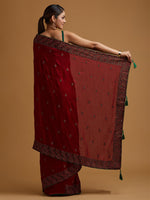 Thumbnail for Koskii Maroon & Green Floral Embroidered Art Silk Saree - Distacart