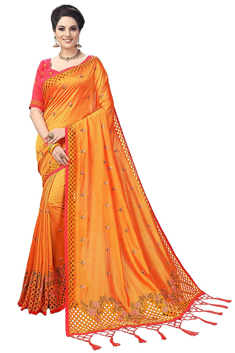 Sarvadarshi Fashion Women&#39;S Satin Silk Blend Orange Pink Color Saree