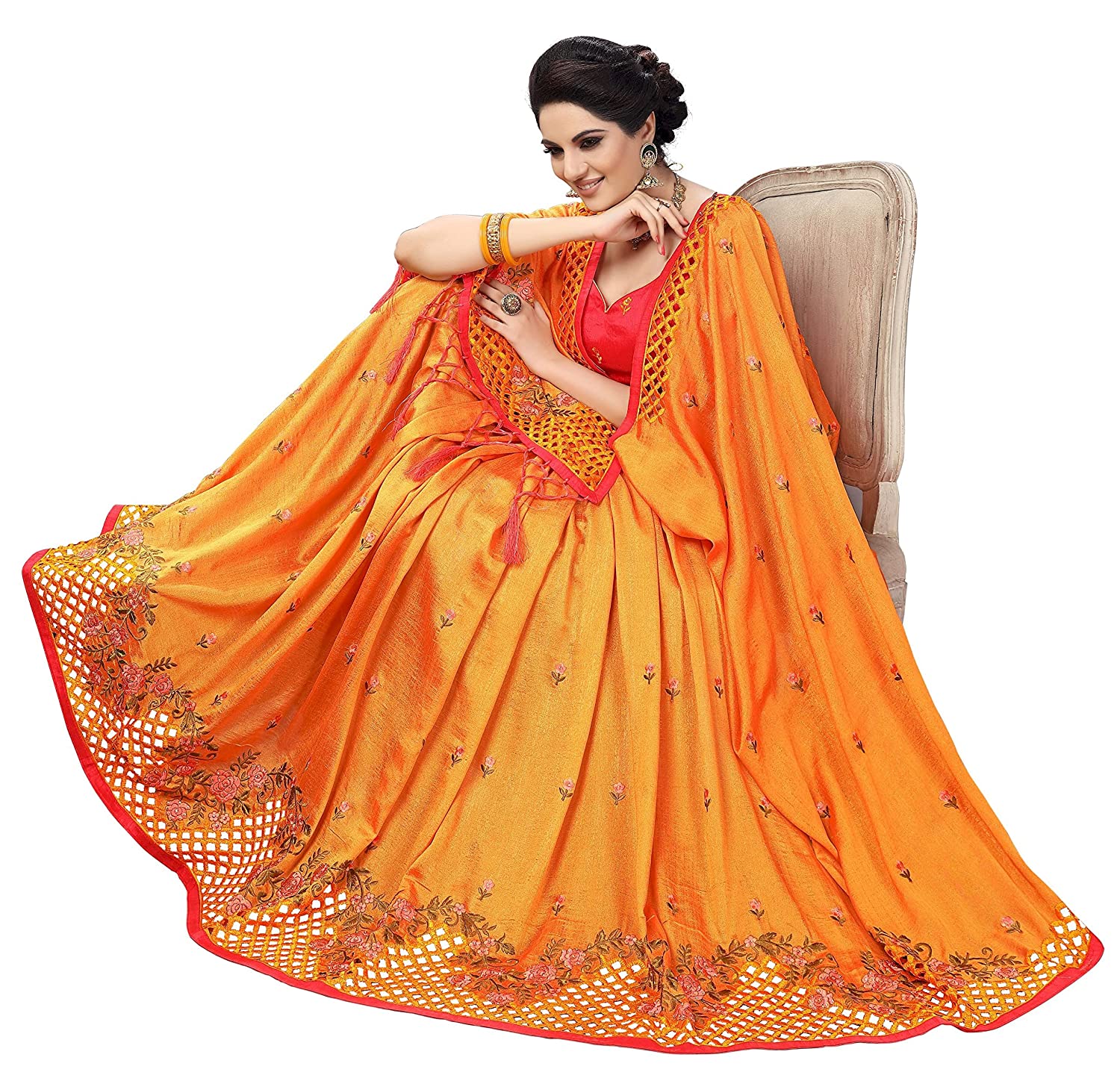 Sarvadarshi Fashion Women'S Satin Silk Blend Orange Pink Color Saree