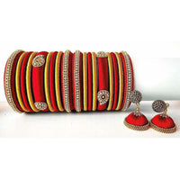 Thumbnail for Red Grand Wedding Silk Thread Bangle Set with Jhumka Ear rings - Distacart