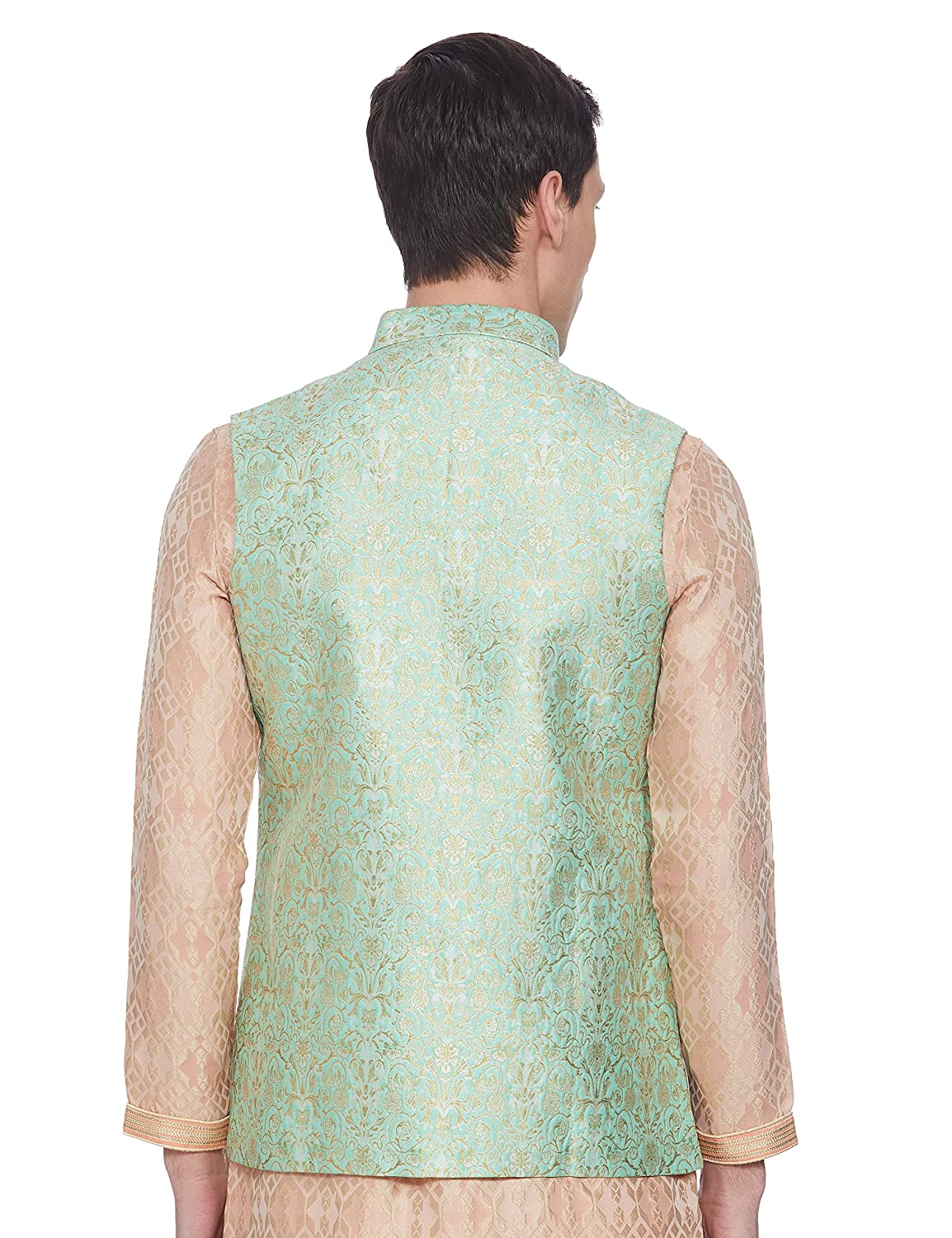Manyavar Green Self Textured Shiny Pattern Nehru Jacket For Men