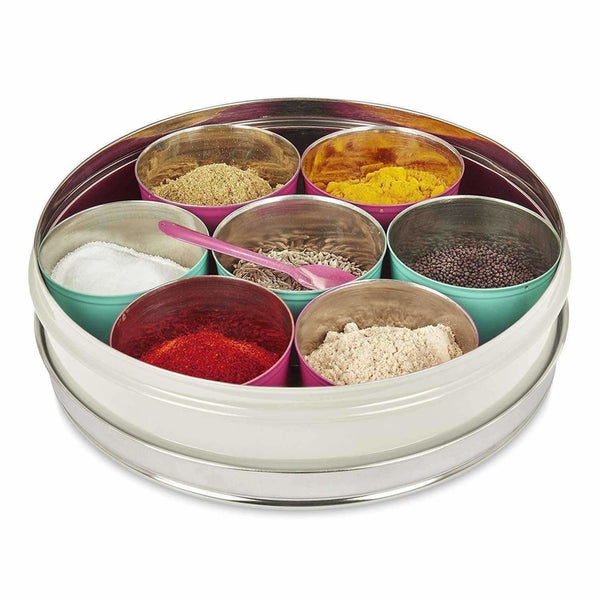 Stainless Steel Made Masala Box Spice Box Masala Dabba Container With Glass Lid 7 Compartments With 1 Spoon - Distacart