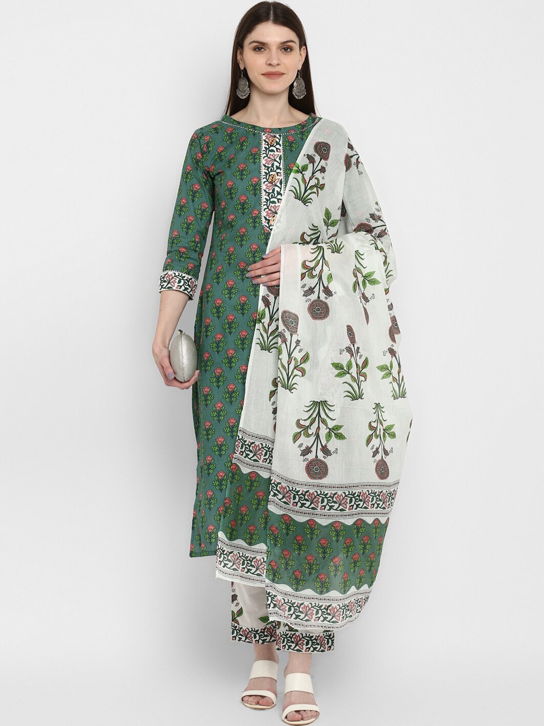 Kalini Women Green Floral Printed Pure Cotton Kurta with Trousers & Dupatta - Distacart