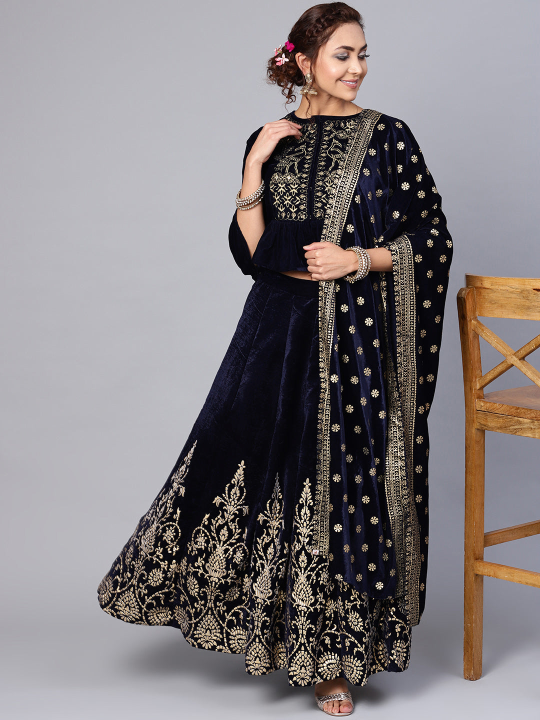 Juniper Women Navy Velvet Embroidered Flared Lehenga Choli Sets - Distacart