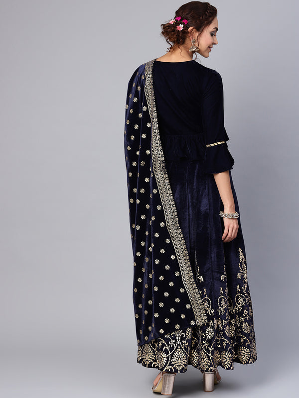 Juniper Women Navy Velvet Embroidered Flared Lehenga Choli Sets - Distacart