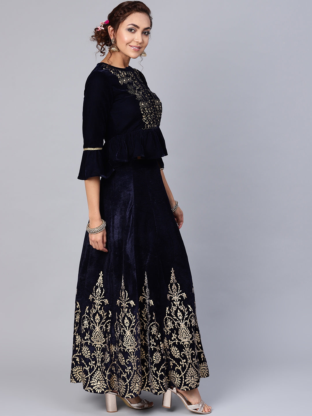 Juniper Women Navy Velvet Embroidered Flared Lehenga Choli Sets - Distacart