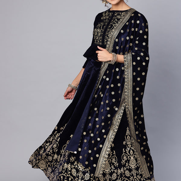 Juniper Women Navy Velvet Embroidered Flared Lehenga Choli Sets - Distacart