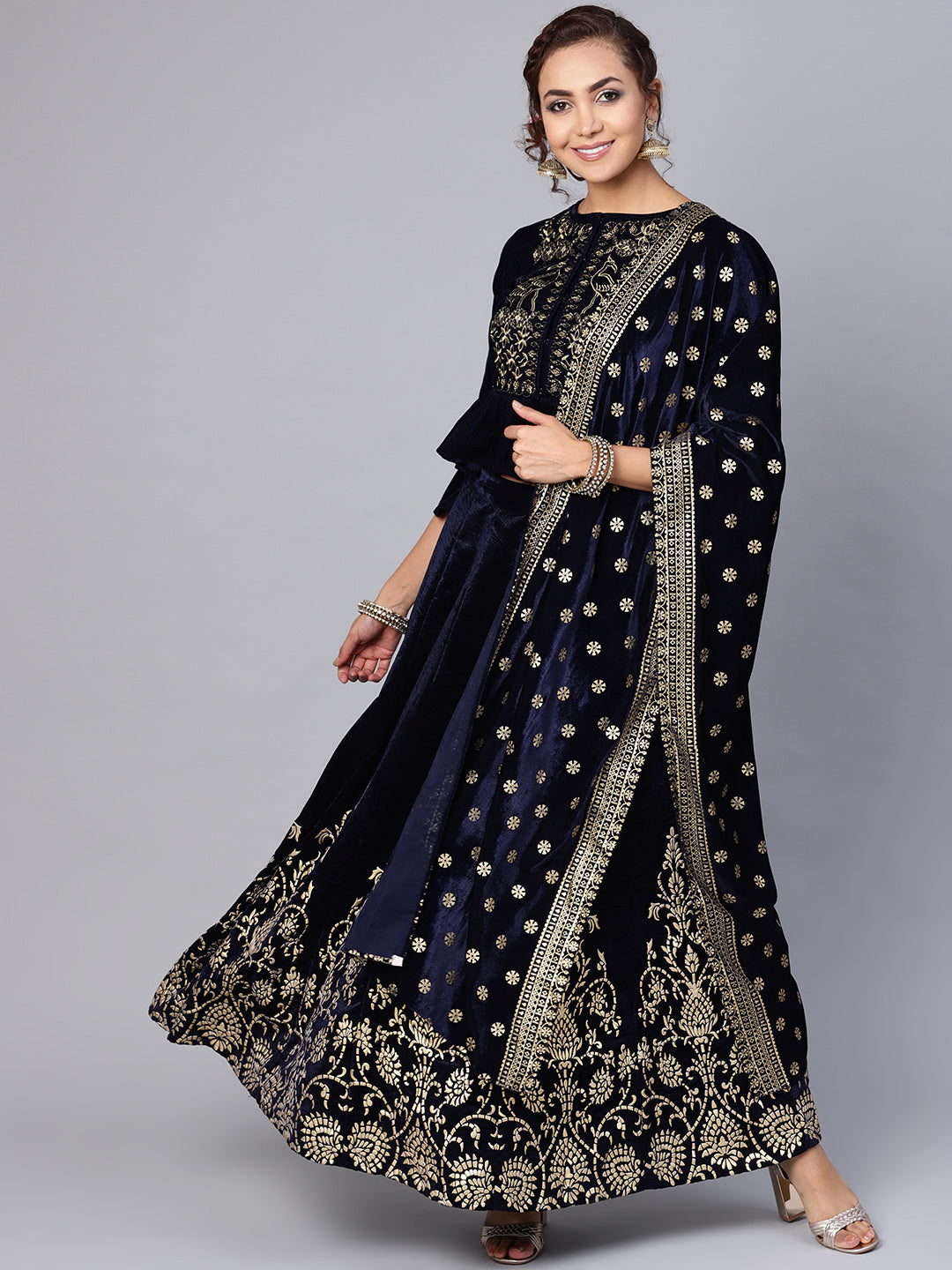 Juniper Women Navy Velvet Embroidered Flared Lehenga Choli Sets - Distacart