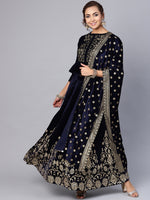 Thumbnail for Juniper Women Navy Velvet Embroidered Flared Lehenga Choli Sets - Distacart